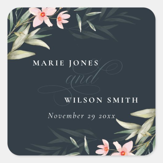 Donkere marine blush Greenery Floral Bunch Wedding Vierkante Sticker (Voorkant)