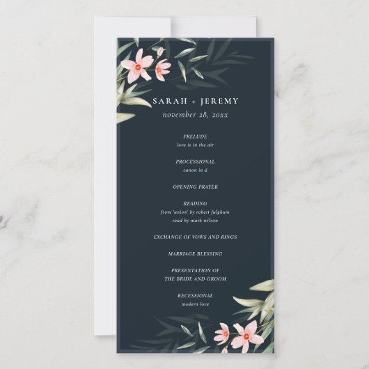 Donkere marine blush Greenery Floral Wedding Progr Bedankkaart (Voorkant)