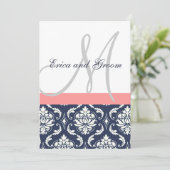 Donkere marine Damask Coral Monogram Weddenschap Kaart (Staand voorkant)