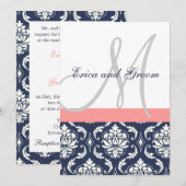Donkere marine Damask Coral Monogram Weddenschap Kaart (Voorkant / Achterkant)