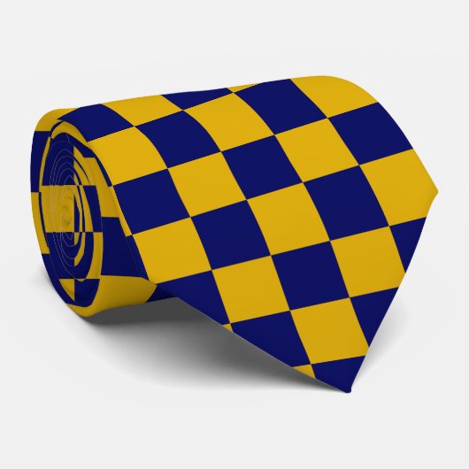 Donkere marine en mosterdgele schaakbord stropdas (Opgerold)
