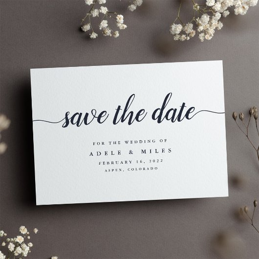 Donkere marine en witte kalligrafie Sparen de Datu Save The Date