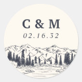 Donkere marine | Monogram mountain Sketch Wedding Ronde Sticker (Voorkant)