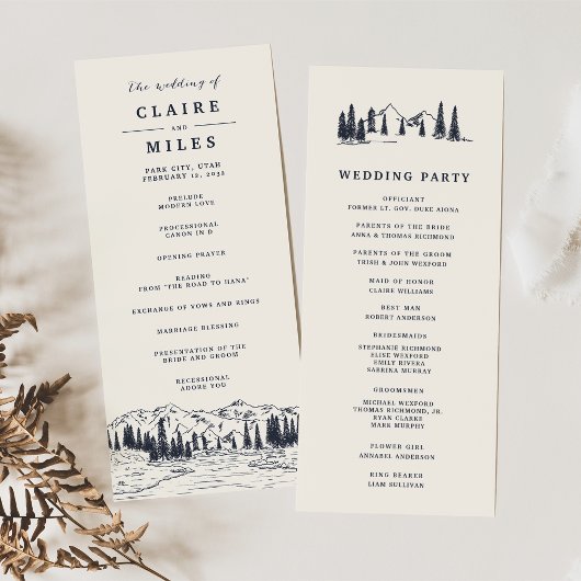 Donkere marine | Mountain Sketch Wedding Ceremony Programmakaart