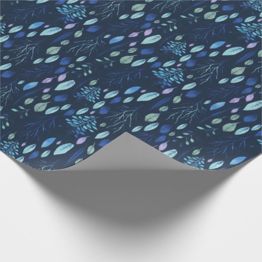 Donkere marineblauw botanische bladeren Waterverf  Cadeaupapier (Hoek)