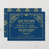 donkere marineblauw en gouden kunst save the date (Voorkant / Achterkant)