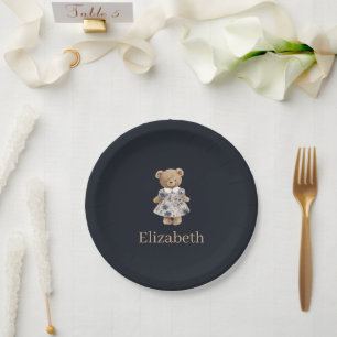 Donkere marineblauwe teddybeer meid baby shower me papieren bordje