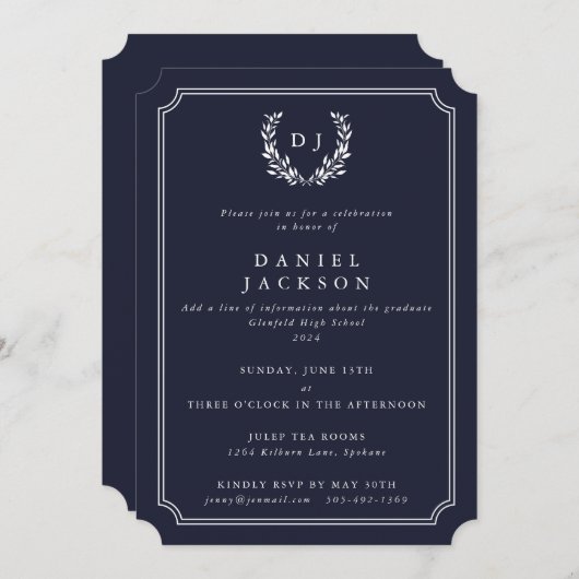 Donkere marinemonogram Laurel Wreated Afstuderen Kaart (Voorkant / Achterkant)