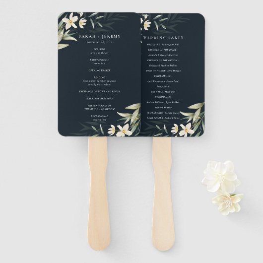 Donkere marineprogramma White Greenery Floral Wedd Handwaaier (Voorkant en achterkant)