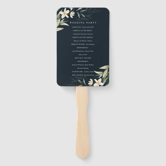 Donkere marineprogramma White Greenery Floral Wedd Handwaaier (Achterkant)