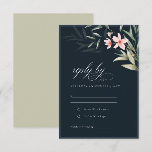 Donkere marineserie Rustic Blush Greenery Floral W RSVP Kaartje (Voorkant / Achterkant)