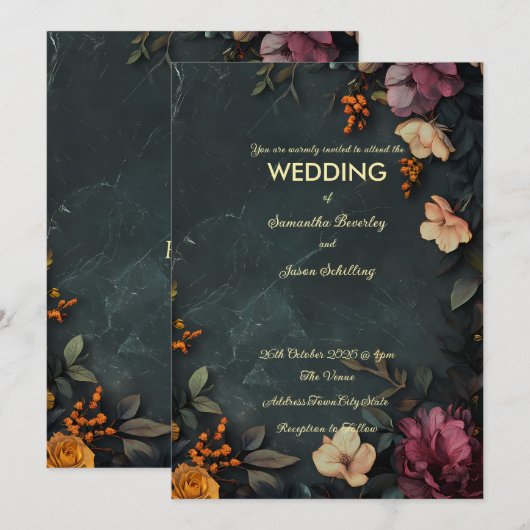 Donkere marmeren achtergrond met bloemendetails kaart (Voorkant / Achterkant)