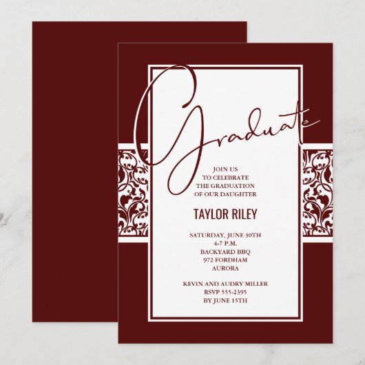 Donkere maroon en wit Damask Afstuderen Kaart (Voorkant / Achterkant)