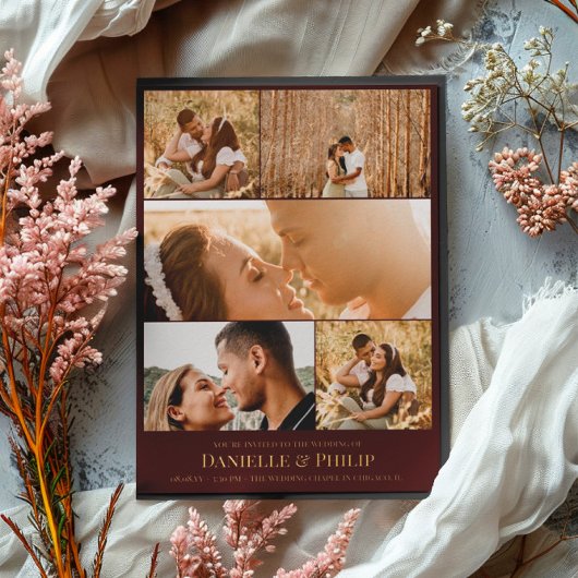 Donkere maroon Gold Clean Photo Collage Informal Folie Uitnodiging