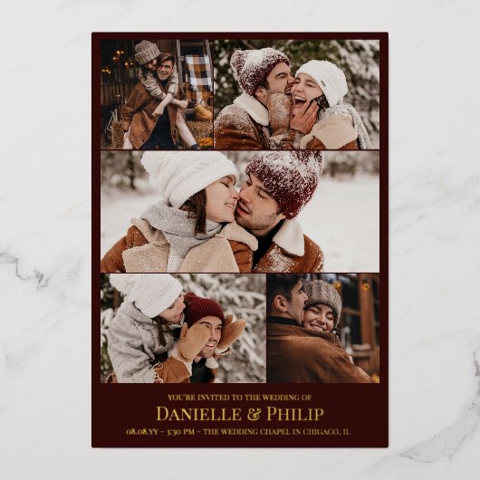 Donkere maroon Gold Clean Photo Collage Informal Folie Uitnodiging (Voorkant)