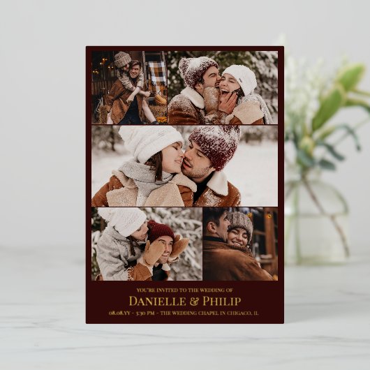 Donkere maroon Gold Clean Photo Collage Informal Folie Uitnodiging (Staand Voorkant)