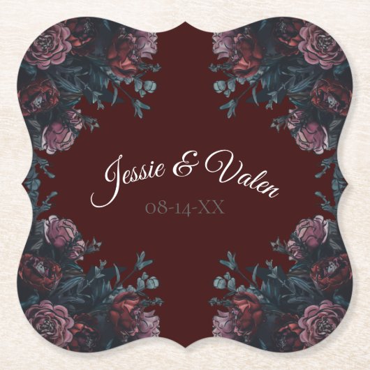 Donkere maroon Mauve Gothic Elegant Wedding Kartonnen Onderzetters (Voorkant)