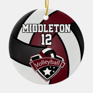 Donkere maroon, wit en zwart volleybal keramisch ornament