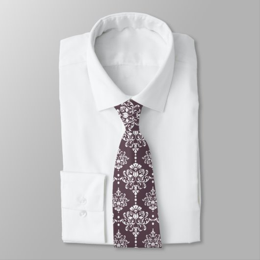 Donkere Mauve Bloemen Damask Patroon Groomsmen Huw Stropdas (Gebonden)