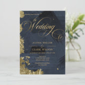 Donkere Midnight Blue, Gold Painterly Wedding Kaart (Staand voorkant)