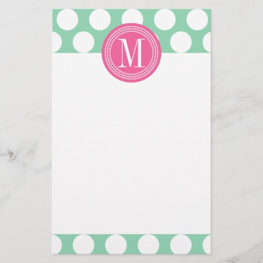 Donkere mint & roze| Grote pokadots monogrammen Briefpapier (Voorkant)