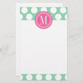 Donkere mint & roze| Grote pokadots monogrammen Briefpapier (Voorkant / Achterkant)