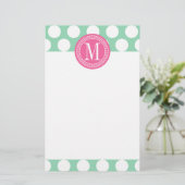 Donkere mint & roze| Grote pokadots monogrammen Briefpapier (Staand voorkant)
