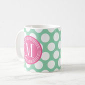 Donkere mint & roze| Grote pokadots monogrammen Koffiemok (Voorkant links)