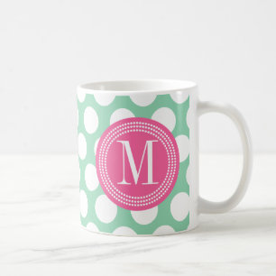 Donkere mint & roze  Grote pokadots monogrammen Koffiemok