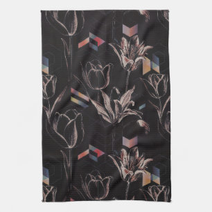 Donkere moderne geometrische tulp lijn kunstpatroo theedoek