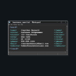 Donkere modus Notitieblok Coder Format Computer Pr Visitekaartje<br><div class="desc">Uw zaken en infos die op een notitieblok in coderformaat en donkere wijze worden getoond. Ideaal voor computerwetenschapper,  gegevenswetenschapper,  IT-consultant,  speciale webontwerper,  Flash-ontwikkelaar,  softwareprogrammeur,  projectleider,  projectmanager en softwaretester.</div>