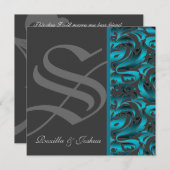 Donkere Monogram Blauwgroen uitnodiging tot huweli (Voorkant / Achterkant)