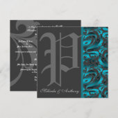 Donkere monogram "P" Blauwgroen Damask Invitation Kaart (Voorkant / Achterkant)