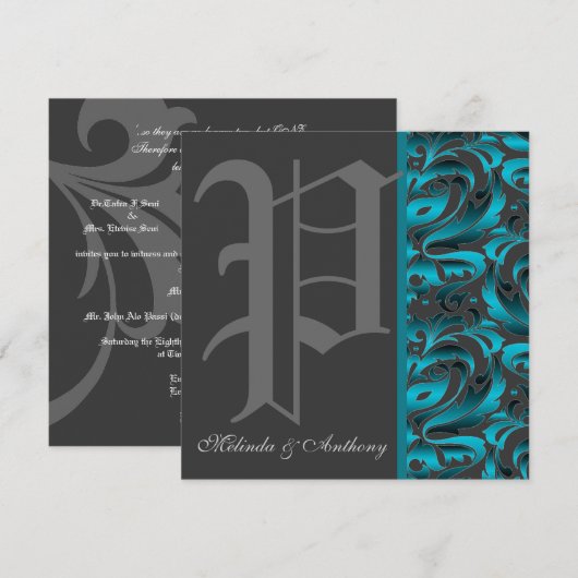 Donkere monogram "P" Blauwgroen Damask Invitation Kaart (Voorkant / Achterkant)