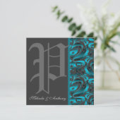 Donkere monogram "P" Blauwgroen Damask Invitation Kaart (Staand voorkant)