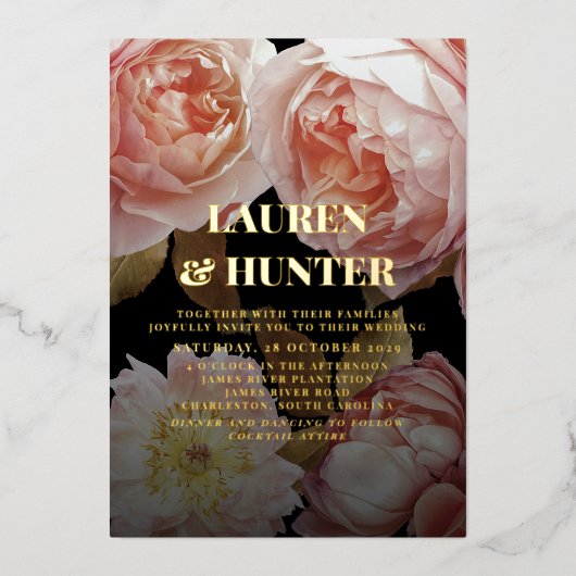 Donkere Moody Blush Pink Botanical Weddenschap Gol Folie Uitnodiging (Voorkant)