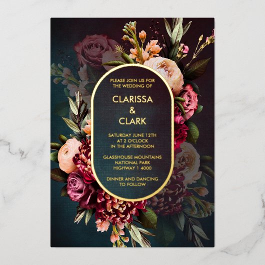 Donkere Moody Bold Floral Marsala Wedding Folie Ui Folie Uitnodiging (Voorkant)