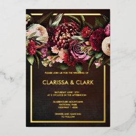 Donkere Moody Bold Floral Marsala Wedding Folie Ui Uitnodiging