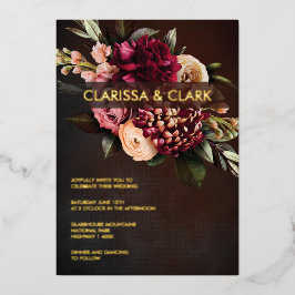 Donkere Moody Bold Floral Marsala Wedding Folie Ui Uitnodiging