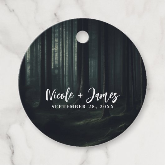 Donkere Moody Bos Bomen bij Twilight Bruiloft Bedankjes Labels (Voorkant)