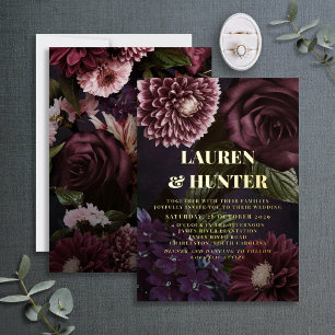 Donkere Moody Burgundy Bloemige Botanische Trouw G Folie Uitnodiging