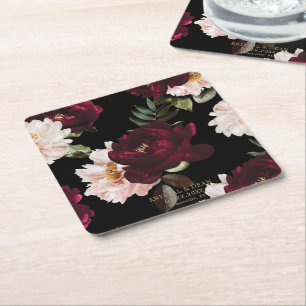 Donkere Moody Burgundy Blush Bloemige Trouwgunst Kartonnen Onderzetters