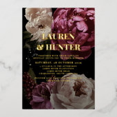 Donkere Moody Burgundy Blush Botanical Weddenschap Folie Uitnodiging (Voorkant)