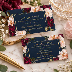 Donkere Moody Burgundy Blush Navy Blauwe Bloemen Visitekaartje