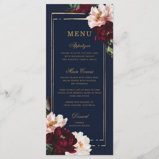 Donkere Moody Burgundy Blush Navy Blauwe Bloemige  Menu (Voorkant)