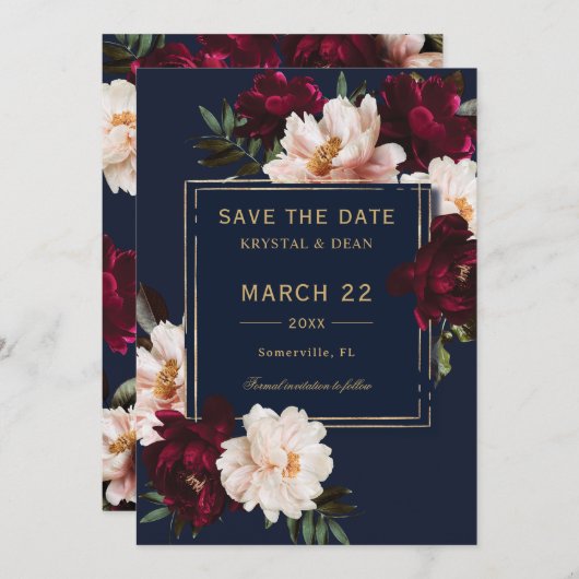 Donkere Moody Burgundy Blush Navy Blauwe Bloemige  Save The Date (Voorkant / Achterkant)