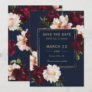 Donkere Moody Burgundy Blush Navy Blauwe Bloemige  Save The Date