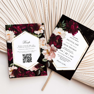 Donkere Moody Burgundy Blush Pioenrozen Trouw QR R Kaart