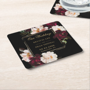 Donkere Moody Burgundy Blush Zwarte Bloemige Bruil Kartonnen Onderzetters
