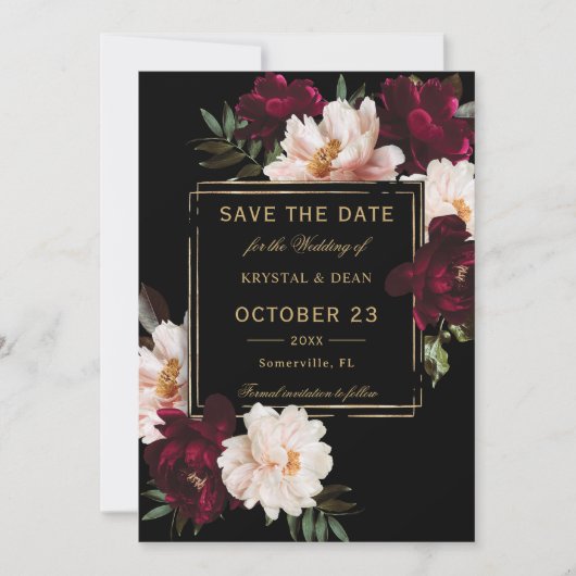 Donkere Moody Burgundy Blush Zwarte Bloemige Bruil Save The Date (Voorkant)
